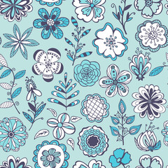 Hand drawn seamless pattern of blooming flowers, leaves with patterns. Spring floral set elements. Colorful doodle sketch illustration for design card, invitation, wallpaper, wrapping paper, baby room
