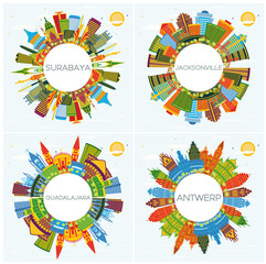 Guadalajara Mexico, Antwerp Belgium, Jacksonville Florida and Surabaya Indonesia City Skylines Set with Color Buildings, Blue Sky and Copy Space.
