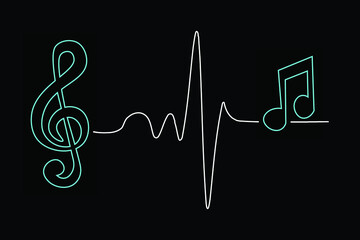 Music notes symbols icons with a heart beat cardiogram vector illustration