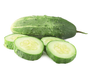 Cucumber and slices isolated on white background.