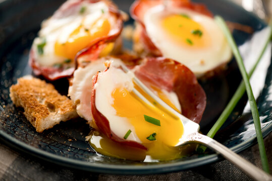Breakfast: Baked Eggs on Coppa and Hash Browns