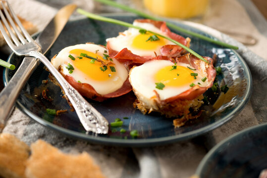 Breakfast: Baked Eggs on Coppa and Hash Browns