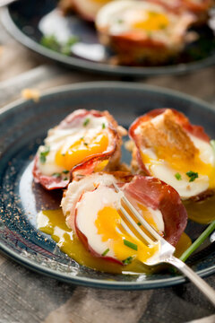 Breakfast: Baked Eggs on Coppa and Hash Browns