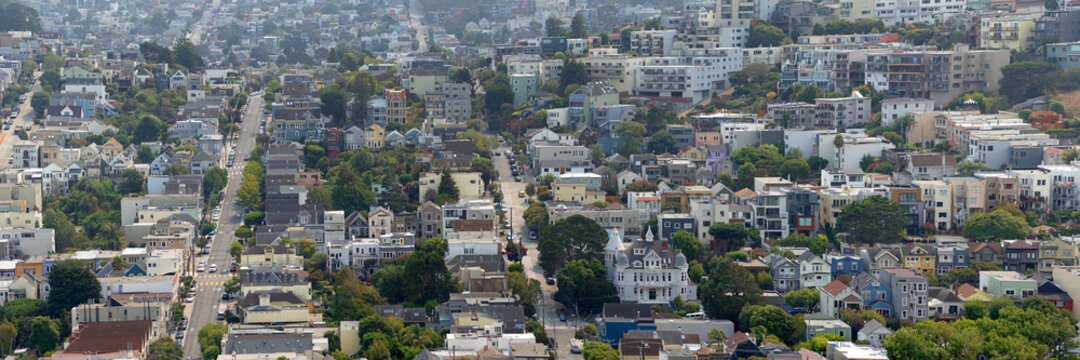 Aerial view of Haight-Ashbury district in San Francisco. Known as the birthplace of the hippie counter culture in the 1960's.
