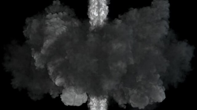 Collision of mutually directed explosions of white smoke on a black background.Explosion effects meet in the center forming turbulent vortices.