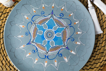 Unfinished decorative plate or platter, painted with blue, grey and gold acrylic paint