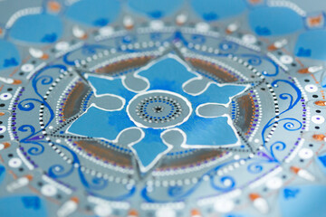 Fragment of decorative plate or platter, painted with blue, grey and gold acrylic paint