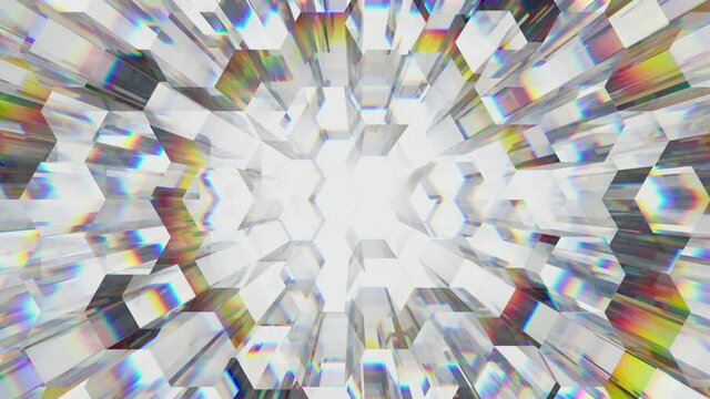 Dispersion of light moving hexagons. Animated technology background. Seamless loop.