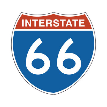 US Route 66 traffic sign. Vector illustration of U.S. Highway 66 road sign isolated on white background. Blue shield whit route number and text Interstate. The most famous drive in America.