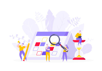 Fototapeta premium Calendar planning schedule business concept vector illustration. Tiny people with magnifier glass, big hourglass do working plan on day calendar and checks dates. Time management or deadline metaphor.