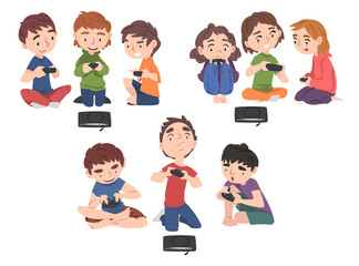 Boys and Girls Playing Video Games Set, Children Having Fun with Computer Gaming with Joysticks Cartoon Style Vector Illustration