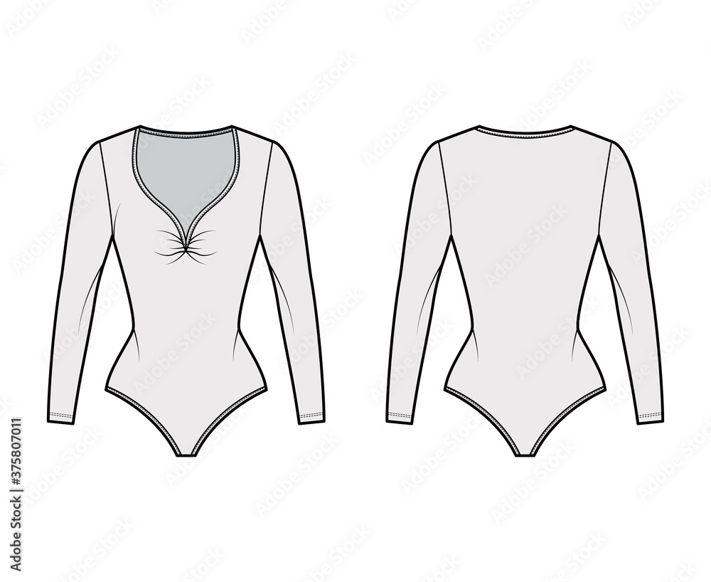 Wall mural Stretch-jersey bodysuit technical fashion illustration with plunging gathered V-neck, long sleeves, . Flat one-piece apparel template front, back, grey color. Women, men unisex swimsuit CAD mockup - Wall murals