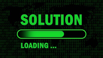 SOLUTION lettering - loading progress bar in front of black background- letters and graphic elements in green color - 3D illustration