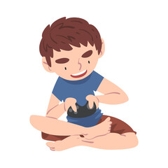 Excited Boy Playing Video Games on the Console, Teenage Kid Holding Controller Cartoon Style Vector Illustration