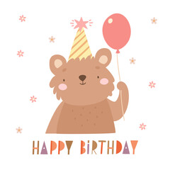 cute bear cub with air balloon. birthday, lettering, cute animal, greeting card invitation
