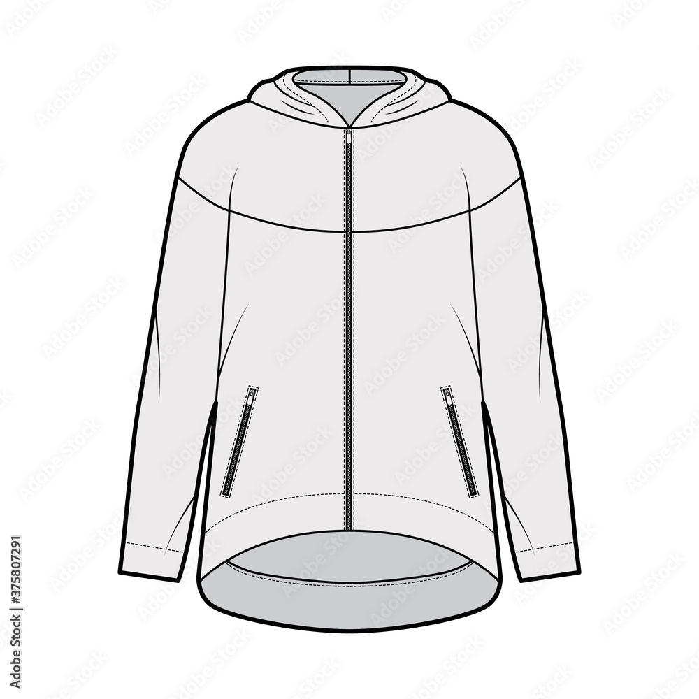 Wall mural Zip-up oversized cotton-fleece hoodie technical fashion illustration with zipper jetted pockets, relaxed fit, long sleeves. Flat jumper template front grey color. Women, men, unisex sweatshirt top CAD - Wall murals