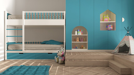 Modern minimalist children bedroom in blue pastel tones, herringbone parquet floor, bunk bed,...