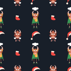 Seamless pattern for Happy Chinese new year 2021 - funny bulls. Vector illustration. Great for wrapping paper, textile, wrapping paper.