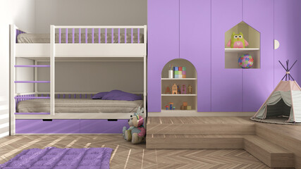 Modern minimalist children bedroom in purple pastel tones, parquet floor, bunk bed, cabinets with...