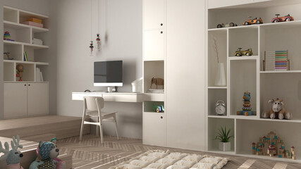 Modern minimalist children bedroom in white pastel tones, herringbone parquet floor, desk with desktop, cabinets with toys and decors, soft carpet, interior design concept idea