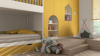 Modern minimalist children bedroom in yellow pastel tones, parquet floor, bunk bed, cabinets with toys, puppets and decors, soft carpet, tepee, interior design concept idea © ArchiVIZ