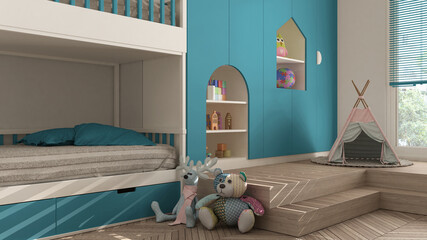 Modern minimalist children bedroom in blue pastel tones, herringbone parquet floor, bunk bed,...