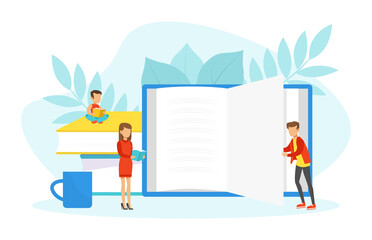 Tiny People Reading Huge Book, Library, Education, Knowledge, Studying and Literature Concept Cartoon Vector Illustration