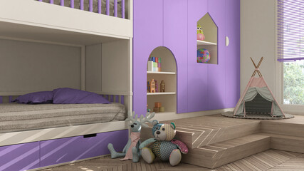Modern minimalist children bedroom in purple pastel tones, parquet floor, bunk bed, cabinets with...
