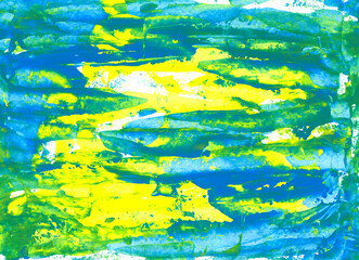Blue and yellow watercolor abstract background for your design. Colorful hand-drawn backdrop. Cute gouache illustration. Artwork wallpaper.