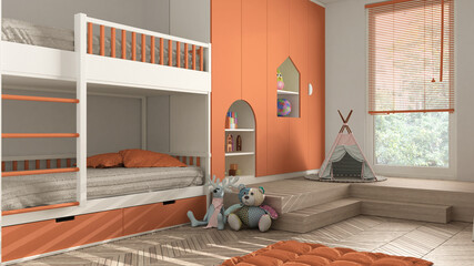 Modern minimalist children bedroom in orange pastel tones, parquet floor, bunk bed, cabinets with toys, puppets and decors, soft carpet, tepee, interior design concept idea © ArchiVIZ