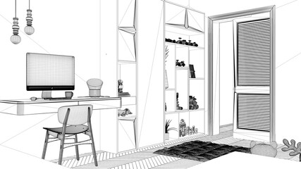 Blueprint project draft of modern minimalist children bedroom, herringbone parquet floor, desk with desktop, cabinets with toys and decors, soft carpet, interior design concept idea