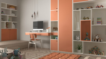 Modern minimalist children bedroom in orange pastel tones, herringbone parquet floor, desk with desktop, cabinets with toys and decors, soft carpet, interior design concept idea
