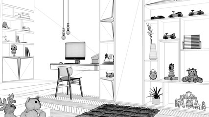 Blueprint project draft of modern minimalist children bedroom, herringbone parquet floor, desk with desktop, cabinets with toys and decors, soft carpet, interior design concept idea