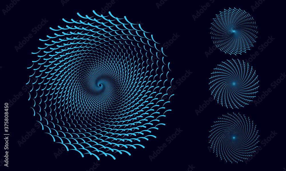 Poster circle form halftone wave blue color. Set of abstract spirals with waves.