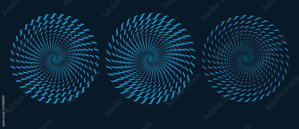 Poster circle form halftone wave blue color. Set of abstract spirals with waves.