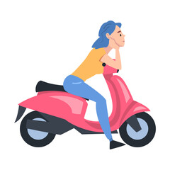 Fototapeta na wymiar Young Woman Sitting on Scooter, Side View of Cheerful Girl Driving Motorbike Cartoon Style Vector Illustration
