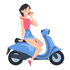 Foto op Plexiglas Young Woman Eating Apple while Sitting on Scooter, Side View of Cheerful Girl Driving Motorbike Cartoon Style Vector Illustration © topvectors