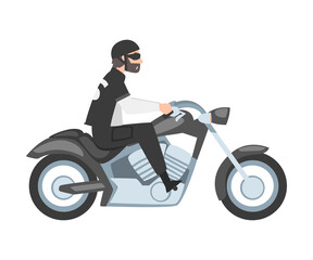 Bearded Man Riding Motorcycle, Side View of Male Biker Character in Black Leather Clothes and Helmet Driving Chopper Cartoon Style Vector Illustration