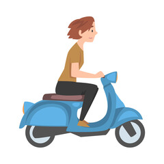 Obraz na płótnie Canvas Young Woman Riding Scooter, Side View of Girl in Casual Clothes Driving Blue Motorbike Cartoon Style Vector Illustration