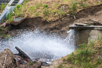 Accident sewerage system. Water supply failure. Breakthrough of the water supply system. A fountain...