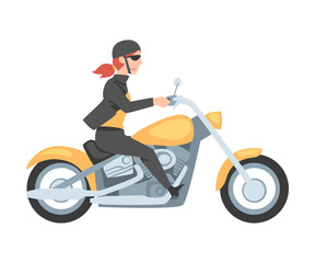 Fototapeta na wymiar Young Woman Riding Motorcycle, Side View of Girl Biker Character in Helmet Driving Yellow Motorbike Cartoon Style Vector Illustration