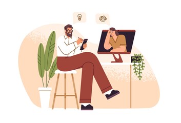 Male psychologist consulting female patient online vector flat illustration. Psychoanalyst sitting in front of computer and making notes isolated. Psychology aid to woman with mental disorder