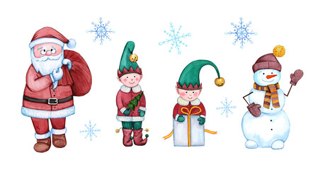 Set Christmas person watercolor flat style isolated on white background for New year. Santa Claus, snowman, elves, snowflakes.