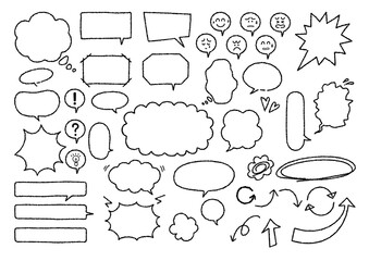 Illustration set of speech bubble material with handwritten (Monochrome crayon style)
