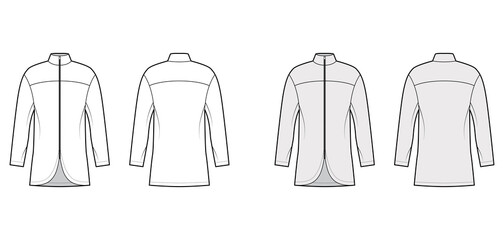 Zip-up shirt technical fashion illustration with relaxed fit, high neckline, back round yoke, front, long sleeves. Flat blazer template front, back, white grey color. Women men unisex top CAD mockup