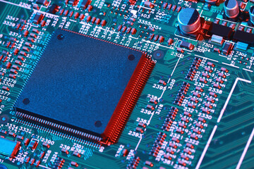 Close-up of electronic circuit board with processor of computer motherboard