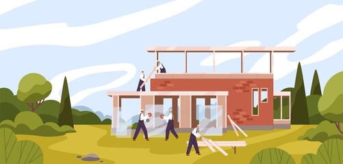 Team of professional builders constructing residential house vector flat illustration. Male workers carrying glass, sawing wooden plank. Private brick dwelling at beautiful natural landscape