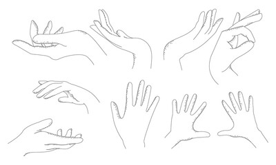 Set of vector hands line illustration of young women. Collection of hand drawing in doodle stile. Logo hands design, eps