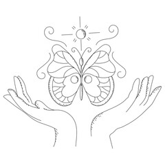 Vector line butterfly illustration for coloring. Magic stock illustration of butterfly with sun and curvy lines in doodle style