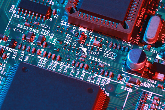 Close-up of electronic circuit board with processor of computer motherboard